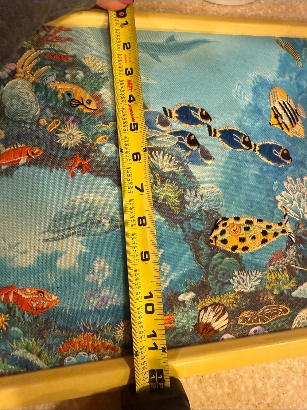 Unique Tropical Fish Reef Needle Point Embroidered Wall Art in Blue and Yellow
